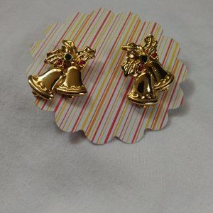 Vintage Christmas Earrings, Gold Jingle Bell earrings, post, red and green
